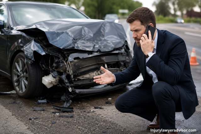 Severely damaged car at roadside accident scene with a man in a suit kneeling nearby, speaking on a phone.