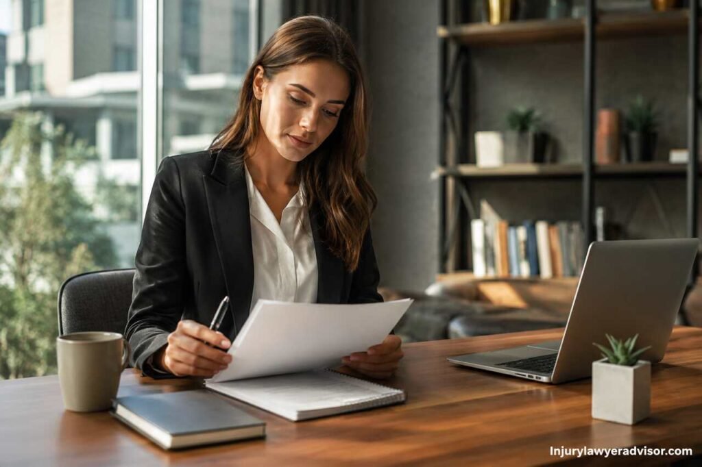 Professional employee reviewing an employment contract in a modern office before signing.