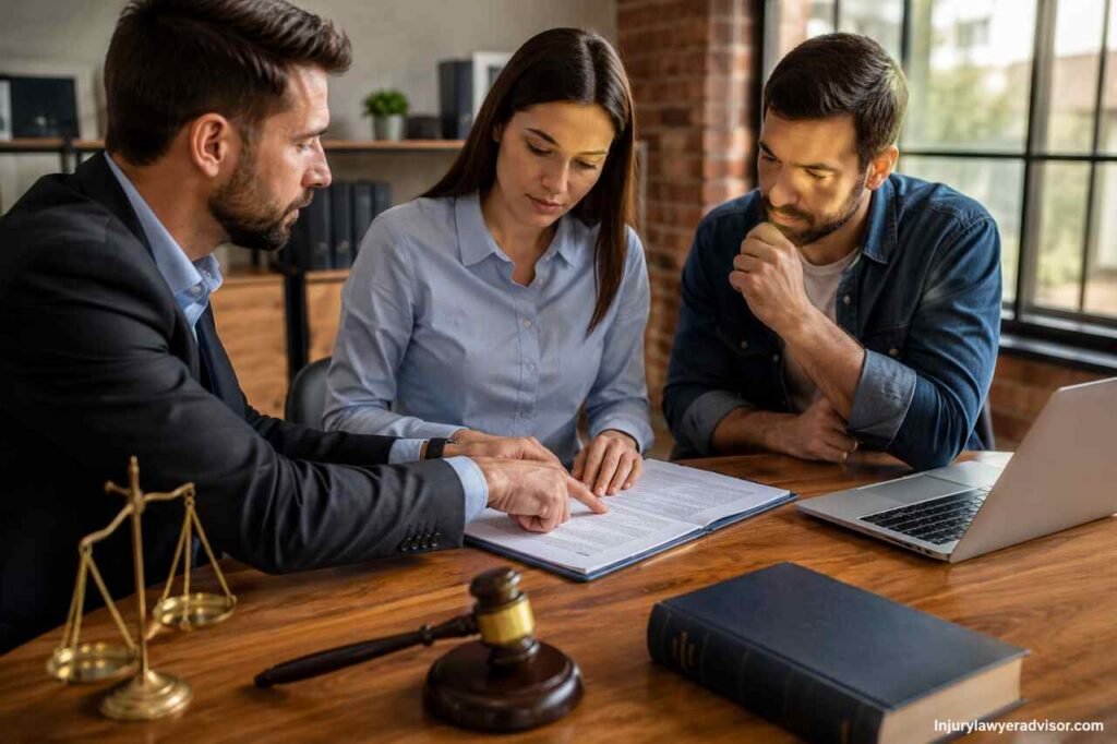 Professional legal consultation discussing loan agreements, repayment terms, and business financing contracts in a modern office.