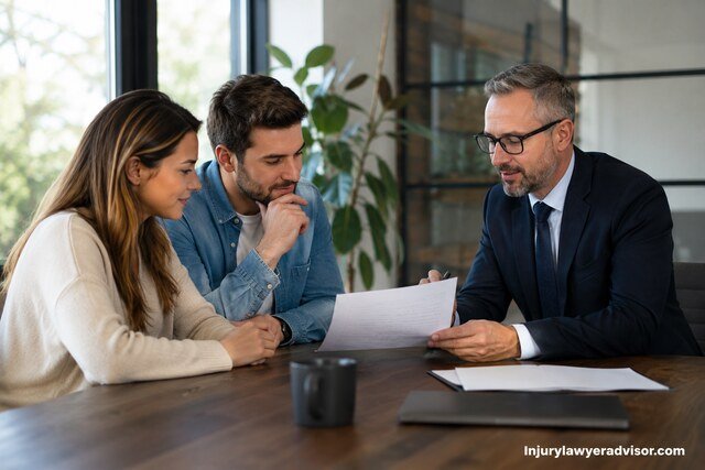 A professional reviewing employee benefits and insurance documents with a couple in a modern office.