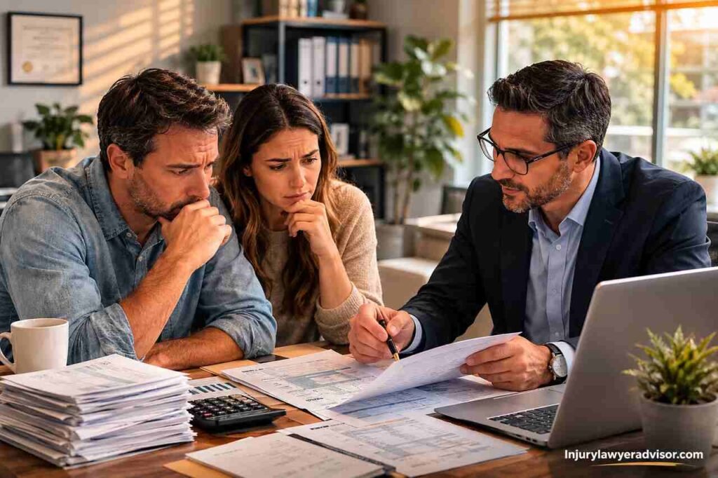 A worried taxpayer meeting with a financial advisor to resolve IRS tax problems and back taxes legally.