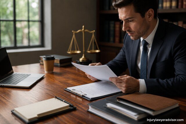 A realistic office scene showing a businessman reviewing legal documents at a wooden desk with a laptop, books, and a gold balance scale in the background under soft natural light.