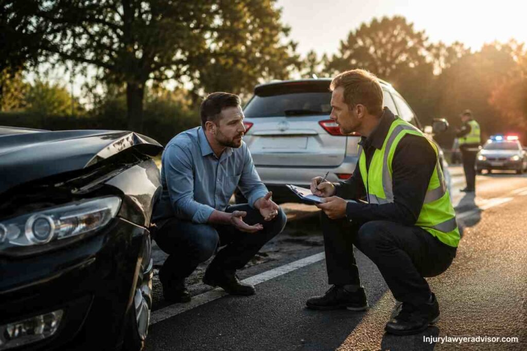 Two drivers and a police officer discussing vehicle damage at a roadside accident scene with damaged cars and emergency response vehicles in the background