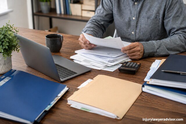 Person organizing financial and tax documents on a desk with laptop, calculator, and folders in a realistic office setting.