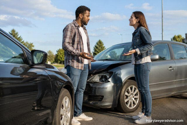 Two drivers standing beside damaged cars after a road collision, discussing the accident on a sunny suburban street.