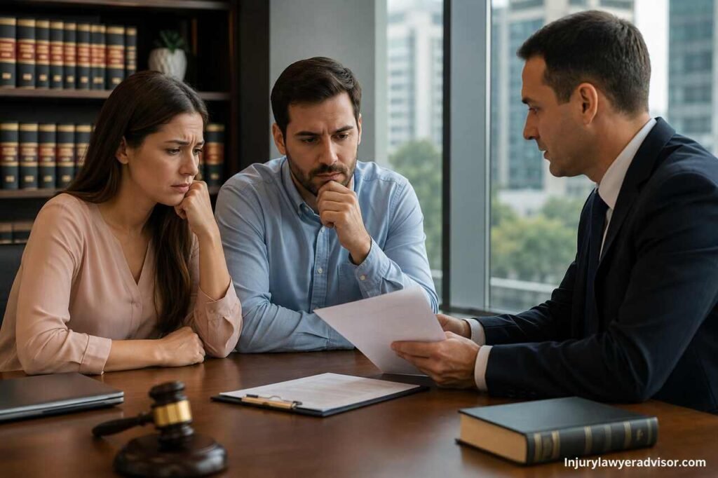 Lawyer meeting clients reviewing legal documents in office