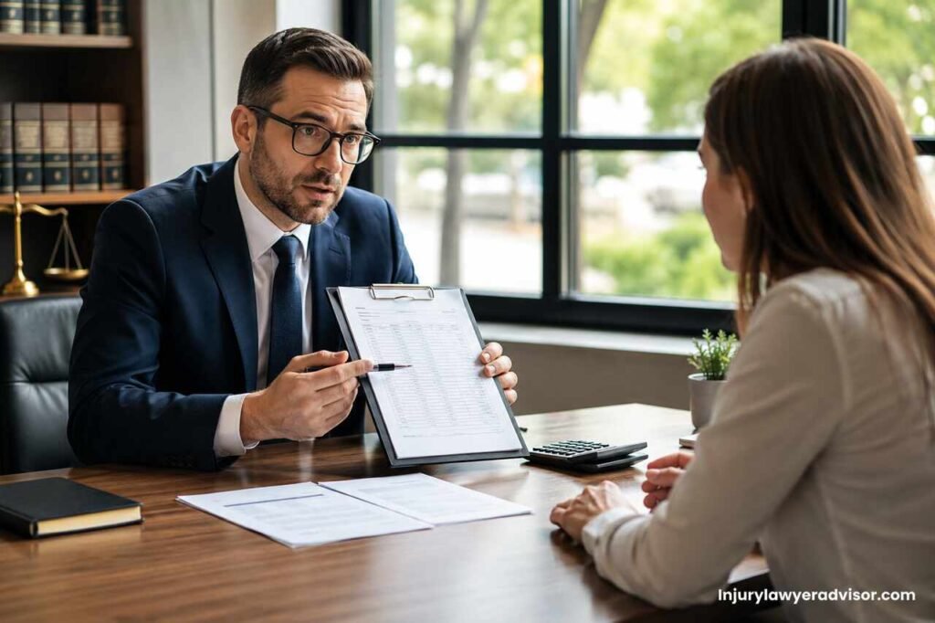 Personal injury lawyer discussing settlement compensation and damages with a client in a modern office.