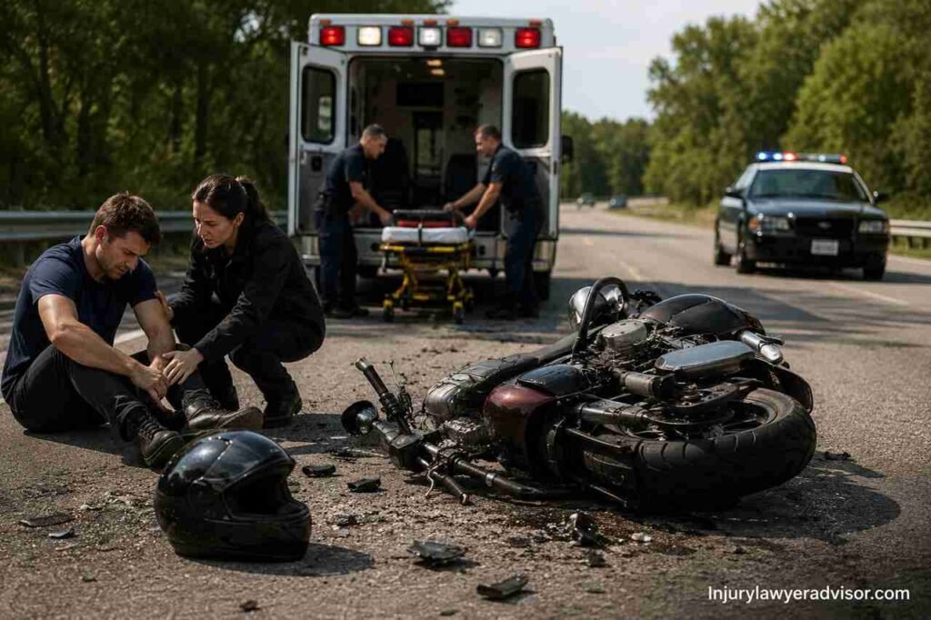 Motorcycle accident scene with injured rider and emergency responders on roadway.