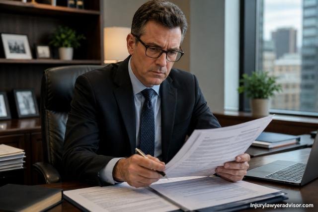 A professional reviewing insurance policy documents at a modern office desk with a laptop and paperwork, symbolizing careful insurance claim negotiation.