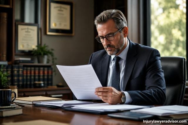 Professional lawyer reviewing legal documents in a modern office with certificates and books in the background.