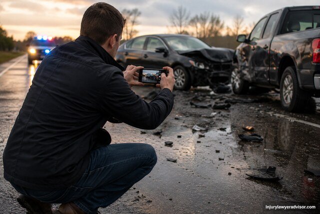 A man photographs vehicle damage and debris at a roadside accident scene during sunset while police lights flash in the background.