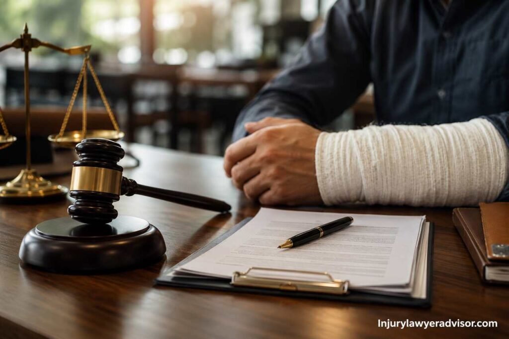 Realistic injury law consultation scene with legal documents, judge gavel, and injured client discussing negligence claim.