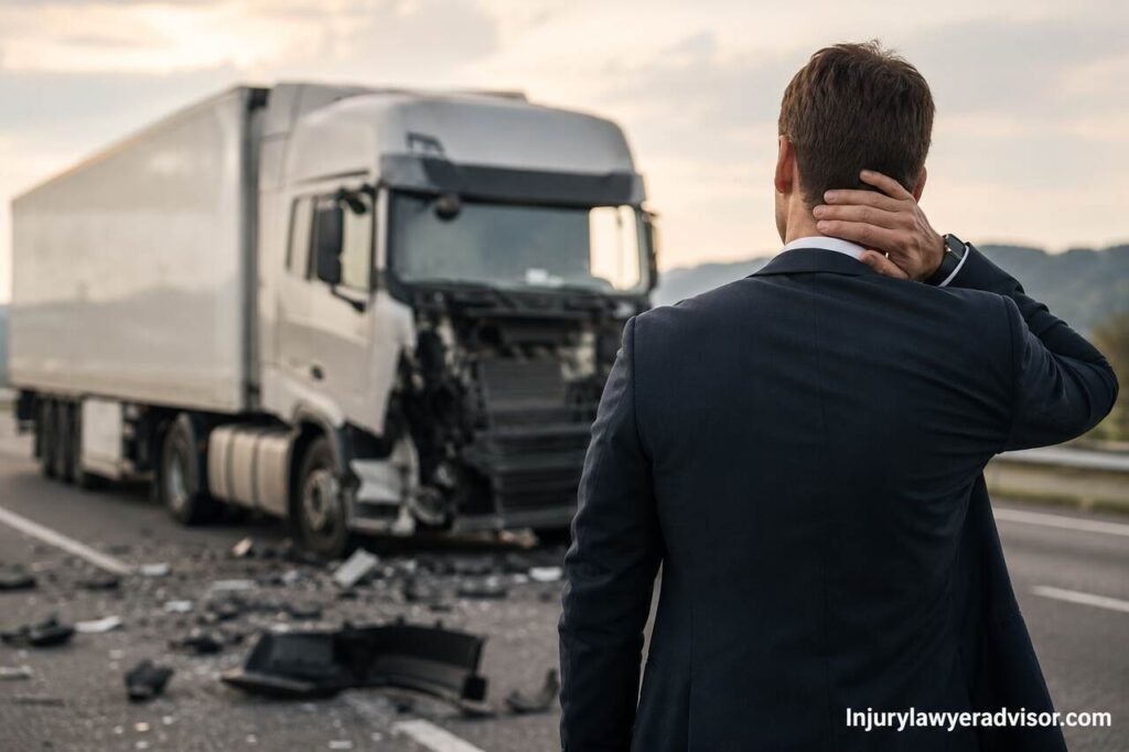 Realistic truck accident scene with damaged semi-truck and injured victim reviewing crash aftermath on highway.