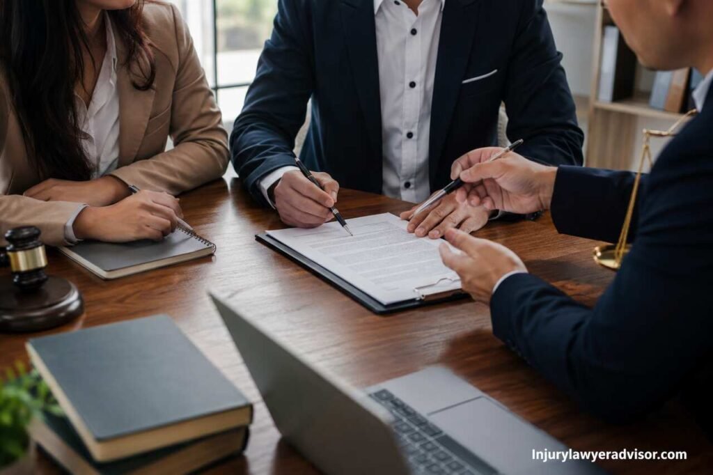 How to Draft a Business Agreement That Protects Every Party Business professionals reviewing and signing a legal agreement in a modern office meeting room.