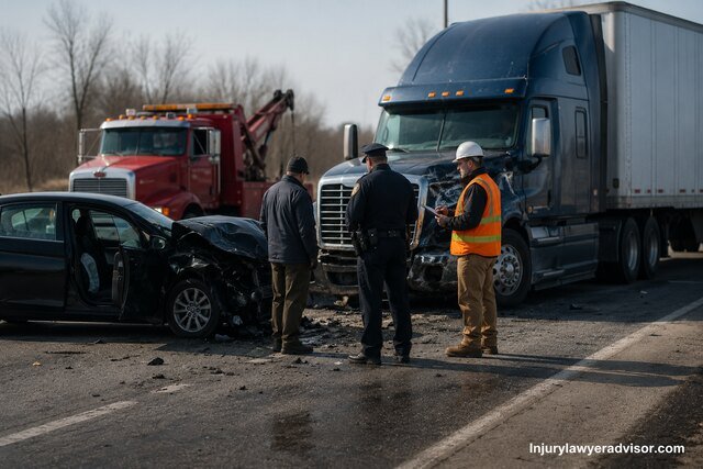 Realistic highway truck accident scene with a damaged car, semi-truck, police officer, and road worker investigating the crash.