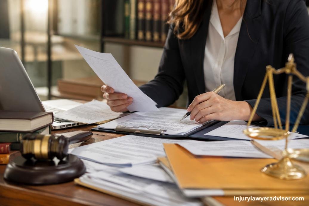 A professional woman reviews legal and business documents at a desk surrounded by paperwork, a laptop, and legal symbols in a realistic office setting.