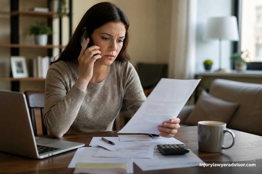 Woman reviewing bills while speaking on the phone about debt collection issues at home office