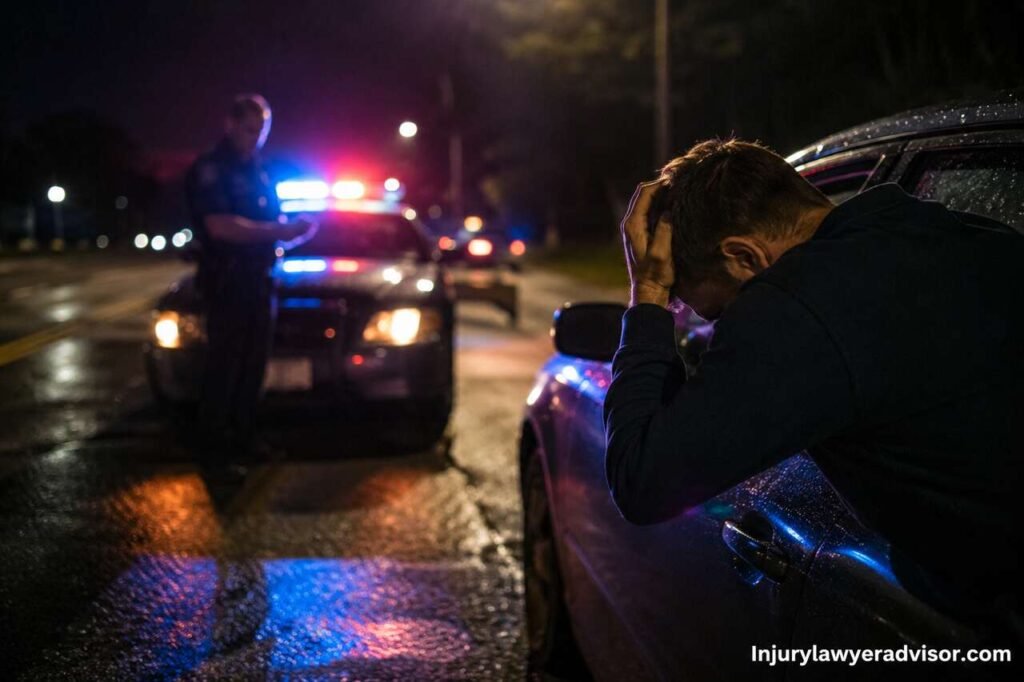 DUI Laws and Penalties Explained: Follow Each Legal Step After an Impaired Driving Charge Driver stopped by police at night during a DUI traffic stop with flashing patrol lights on a wet road.