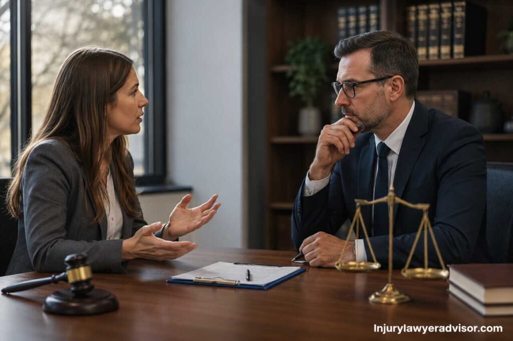 Employee discussing workplace lawsuit and legal rights with an employment lawyer in a professional office.
