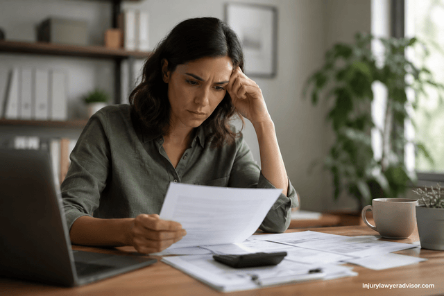 Woman in a home office reading financial documents with a concerned expression, surrounded by paperwork, laptop, and soft natural light.