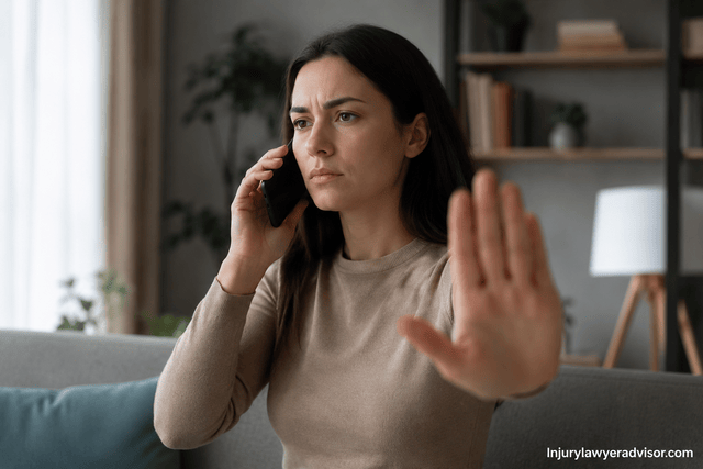 Woman speaking on phone in a calm modern home, raising her hand in refusal.