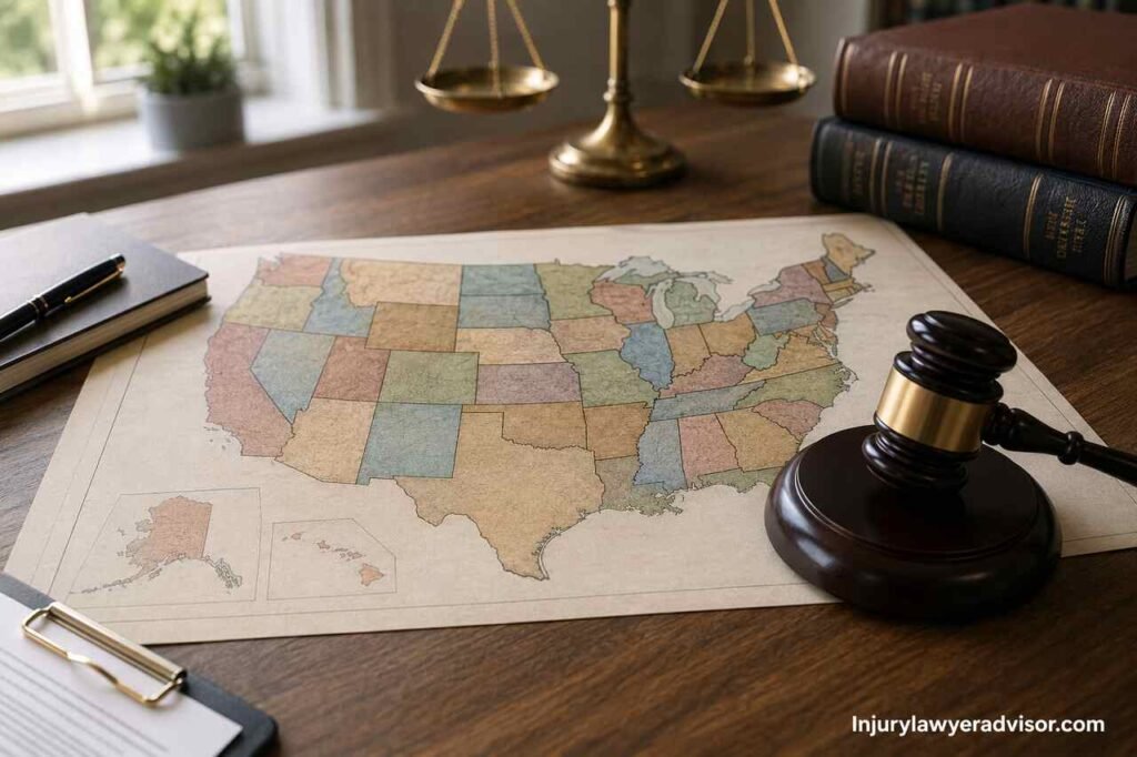 Realistic legal office desk with a U.S. map, gavel, law books, and justice scale representing statute of limitations laws by state.