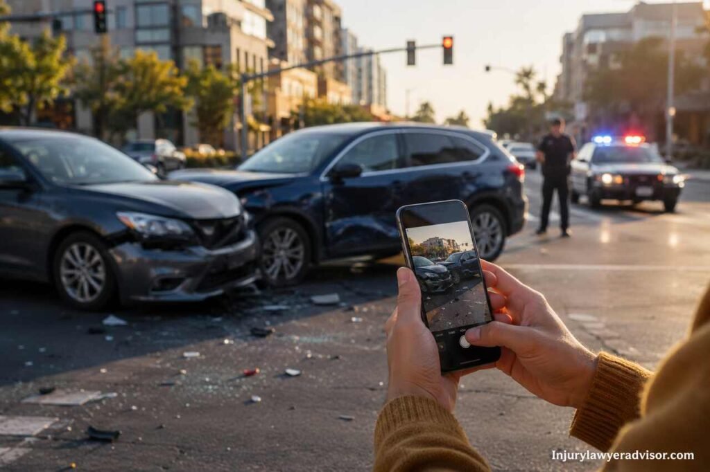 Realistic scene of an Uber or Lyft rideshare accident with damaged vehicles, police response, and a person documenting the crash using a smartphone.