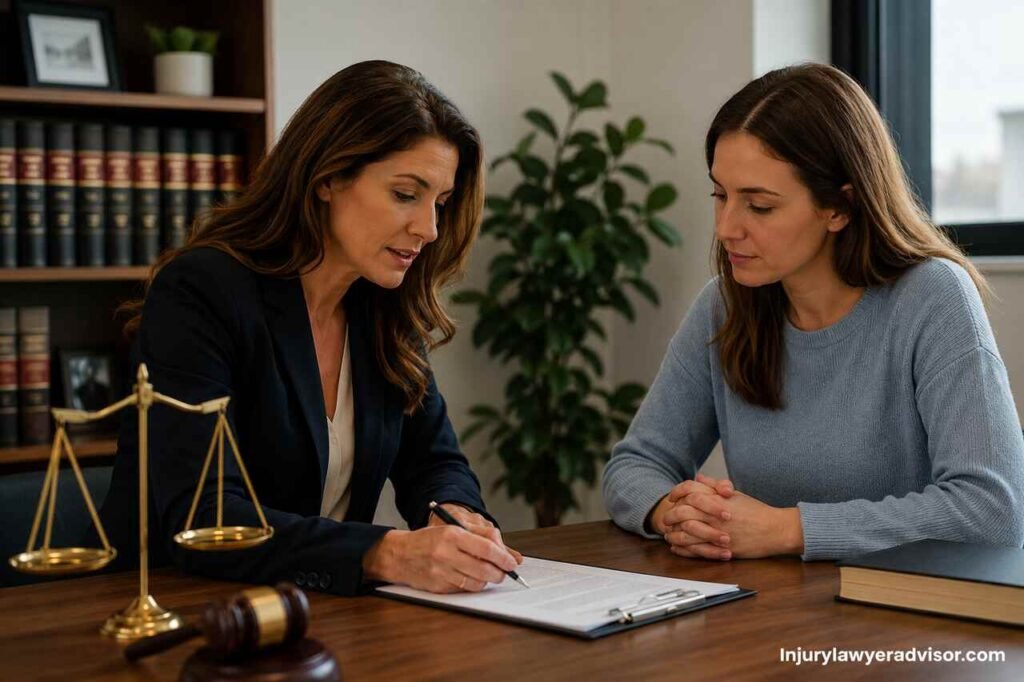 Lawyer consulting with client in a modern office.