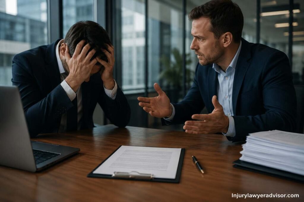 Business professionals discussing a broken contract dispute in a corporate office with legal documents on the table.