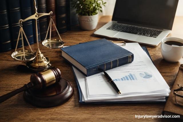Professional legal office desk with scales of justice, gavel, law books, and documents in a warm realistic setting, featuring subtle branding for Injurylawyeradvisor.com.