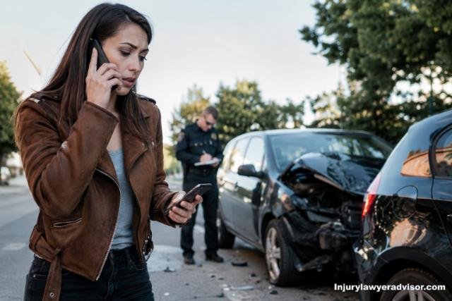 Woman reporting a rideshare accident on her phone beside damaged vehicles while a police officer documents the crash scene.