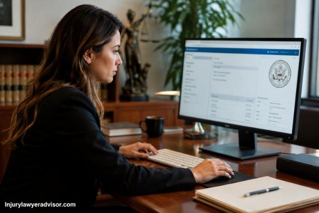 Professional lawyer verifying legal credentials and license status on a computer in a modern law office.
