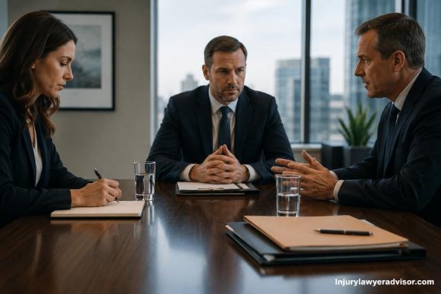 Professional negotiation meeting in a modern office with three business professionals discussing legal matters around a conference table.