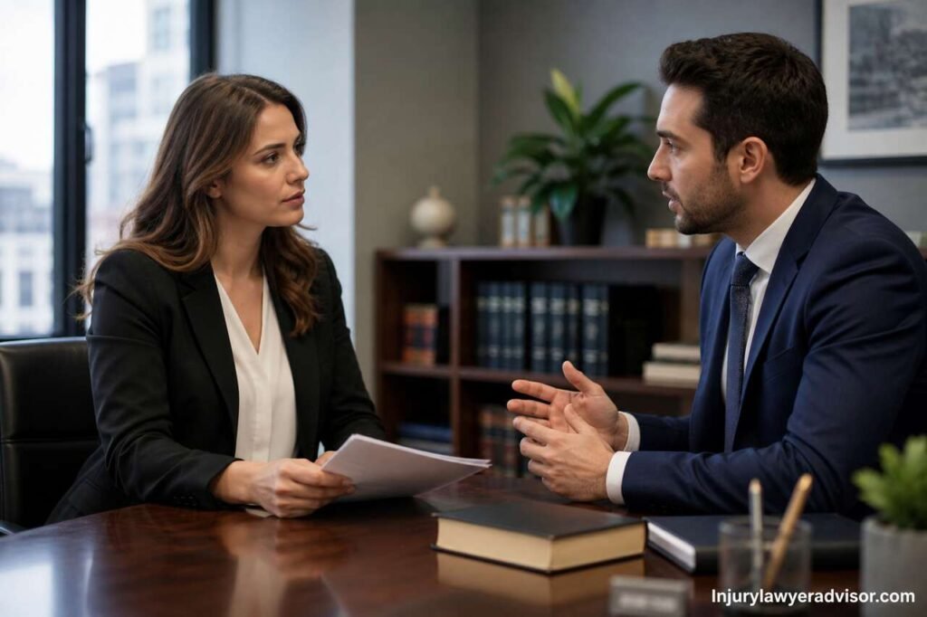 Employees discussing legal workplace rights in a professional office setting