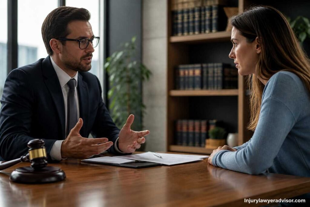 Lawyer discussing wrongful termination case with a client in a professional office setting