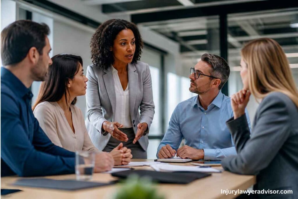 Professional office environment showing HR discussion about workplace conduct and employee safety.