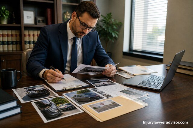 Man reviewing documents and photos at a desk in a professional office, analyzing evidence for a legal case.