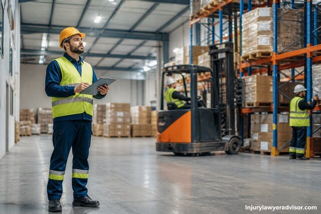 Warehouse safety inspection scene with a worker in a high-visibility vest holding a clipboard while forklift operations and stacked pallets are visible in a clean industrial environment.