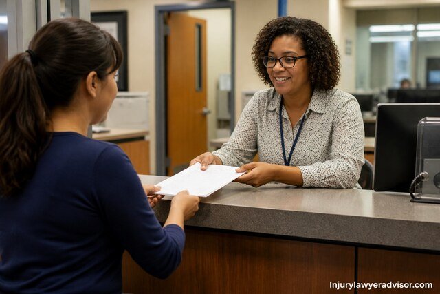 A realistic government office scene where a person submits documents at a service counter, with a subtle “Injurylawyeradvisor.com” watermark in the corner.