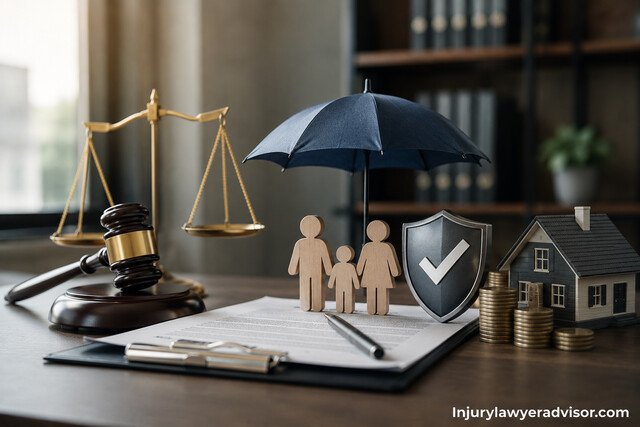 Legal insurance concept desk with gavel, shield, umbrella, and house.