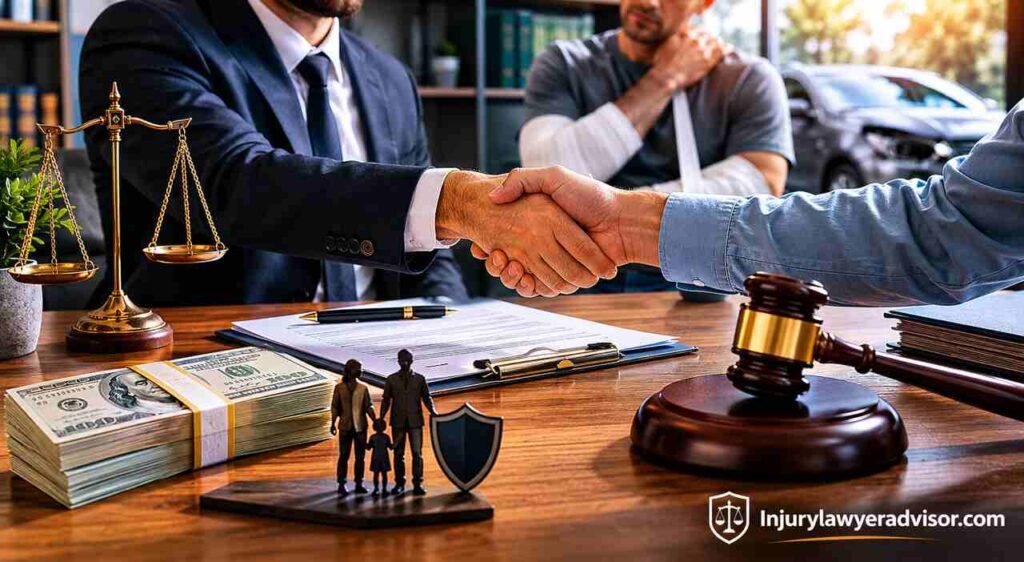 How Personal Injury Settlements Work: Guide to Claims, Negotiation, Payment, and Release Lawyer discussing a personal injury settlement with clients in a professional office.