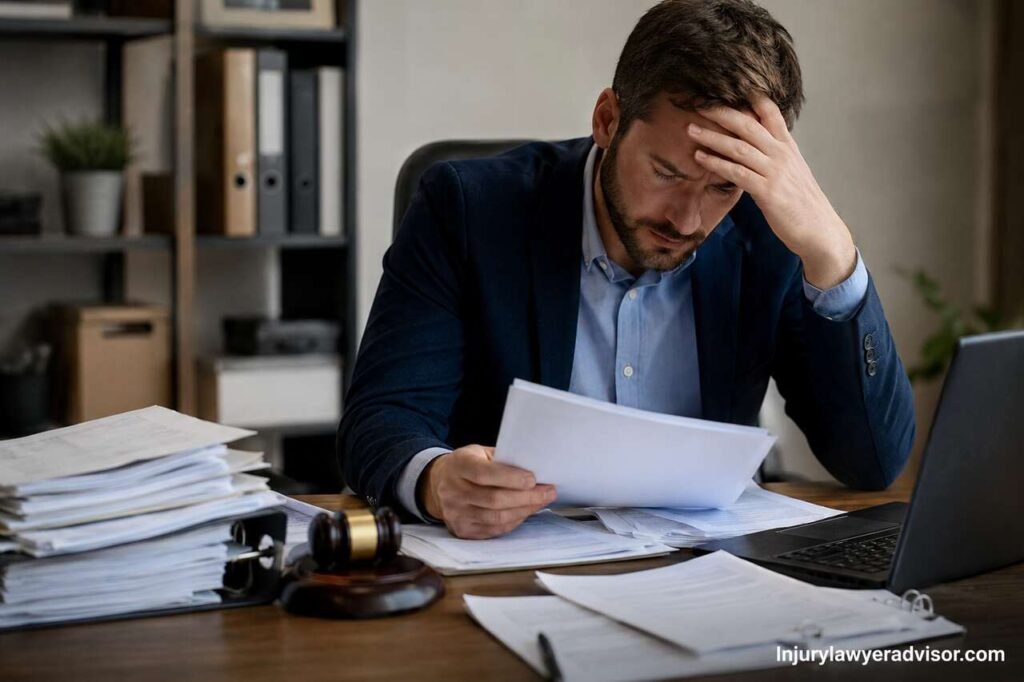 Stressed small business owner reviewing legal documents and paperwork in office to avoid costly lawsuits.