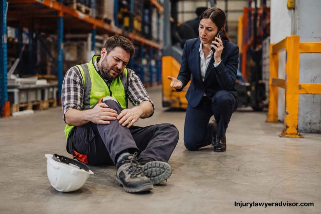 Injured warehouse worker receiving assistance after a workplace accident