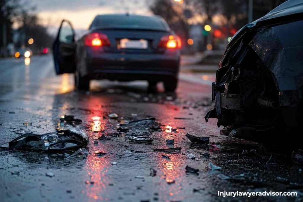 Realistic hit and run car accident scene on a wet road with damaged vehicles and scattered debris at dusk.
