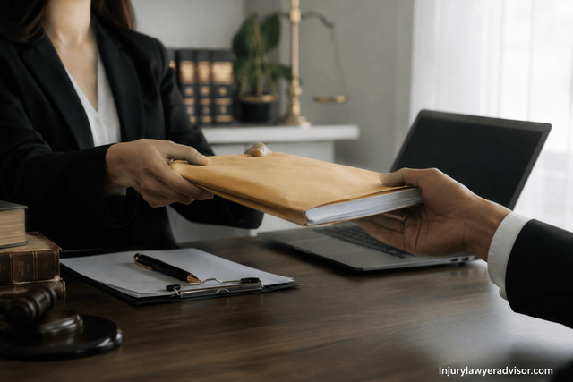 Lawyer handing over a legal demand package in an office.