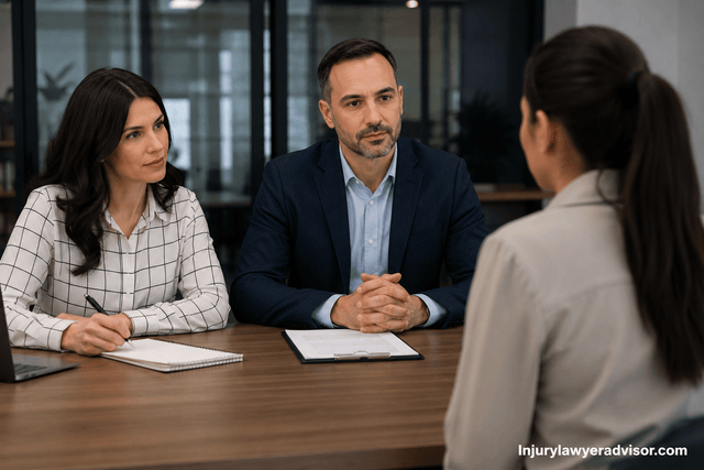 Three professionals participate in a workplace investigation meeting in a modern office, with one employee speaking while two others listen and take notes at a conference table.