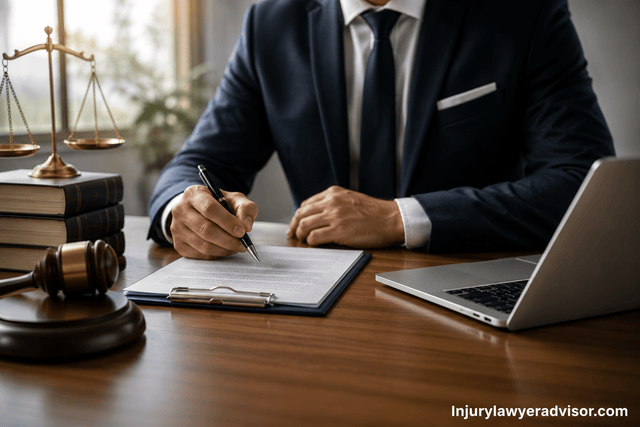 Professional lawyer reviewing legal licensing documents at a modern office desk with law books, scales of justice, and a laptop in a realistic corporate setting.