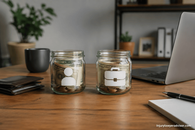 Desk with jars separating personal and business finances.