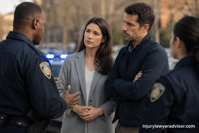 Police officer talking with a couple during an investigation outdoors.