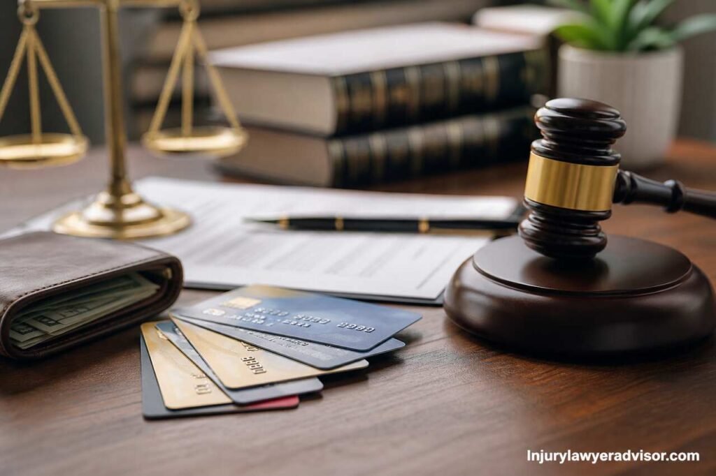 credit card legal rights concept with gavel and cards on desk